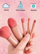 Kit Mini Pincéis Rosa Gold + Porta Pincéis Portátil com Espelho