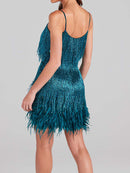 Vestido de Paetê Com Franjas e Plumas Caterine