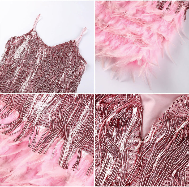 Vestido de Paetê Com Franjas e Plumas Caterine